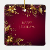 ブルガンディレッド金ゴールドフラワーズホリデーオーナメント セラミックオーナメント (裏面)