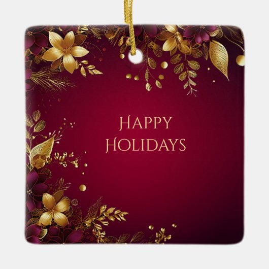 ブルガンディレッド金ゴールドフラワーズホリデーオーナメント セラミックオーナメント (正面)