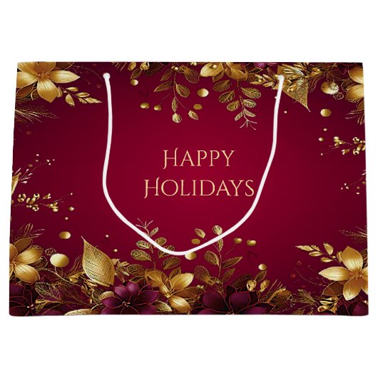 ブルガンディレッド金ゴールドフラワーズホリデー抱き枕 ラージペーパーバッグ (正面)