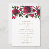 ブルガンディレッド金ゴールドフローラ結婚式招待状 招待状 (正面)