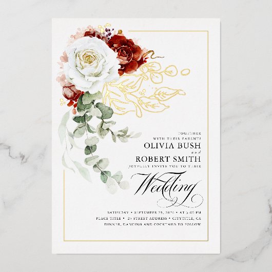 ブルガンディレッド&ホワイトフローラボホエレガントな結婚式 箔招待状 (正面)