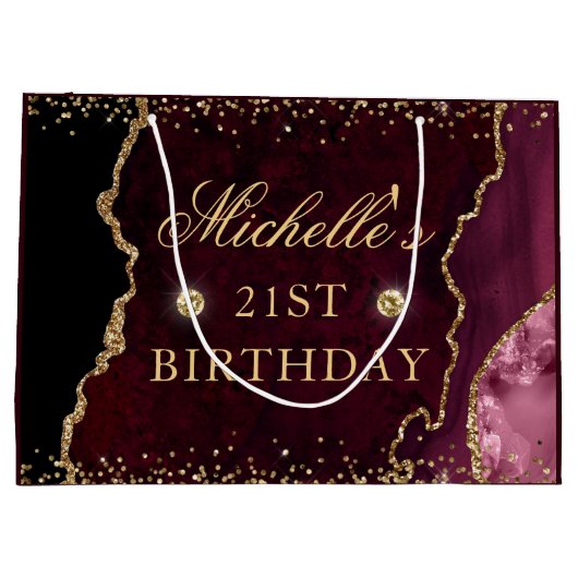 ブルガンディレッド&金ゴールドグリッターマーブルアゲート誕生日 ラージペーパーバッグ (裏面)