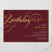 ブルガンディレッド&金ゴールド |ファンシーマルーン誕生日パーティー 箔招待状 (正面)
