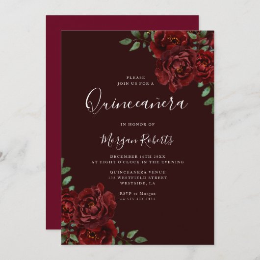 ブルガンディロマンチックレッドローズキンセアニェラパーティー 招待状 (正面/裏面)