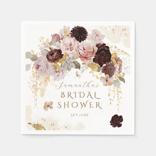 ブルガンディワイルドフラワーガーデンフローラブライダルシャワー スタンダードカクテルナプキン (正面)