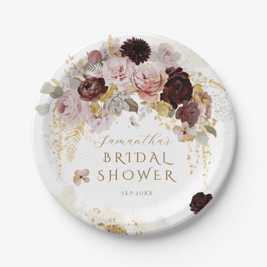 ブルガンディワイルドフラワーガーデンフローラブライダルシャワー ペーパープレート (正面)