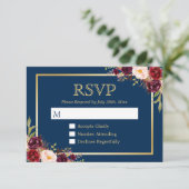 ブルガンディワインカラーフローラ金ゴールドネイビーブルーRSVP 出欠カード (スタンド正面)