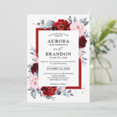 ブルガンディワインダスティブルーブルー石板結婚フローラ 招待状 (スタンド正面)