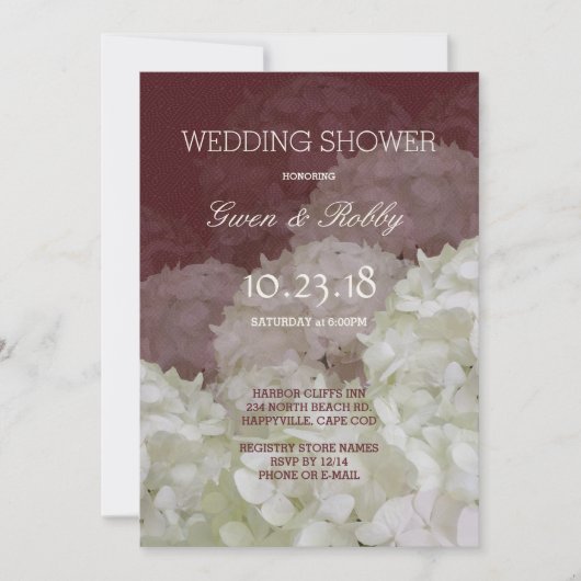 ブルガンディワインホワイトアジサイウェディングシャワー 招待状 (正面)