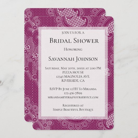 ブルガンディワインホワイトレースフローラブライダルシャワー 招待状 (正面/裏面)