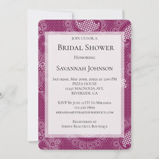 ブルガンディワインホワイトレースフローラブライダルシャワー 招待状 (正面)