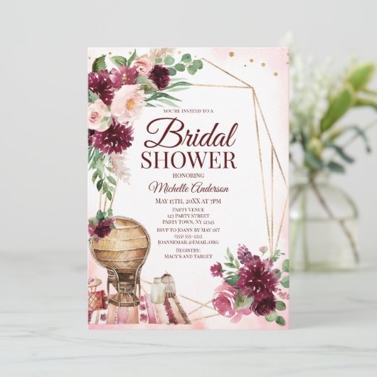 ブルガンディワインボホウォーター色フローラブライダルシャワー 招待状 (スタンド正面)