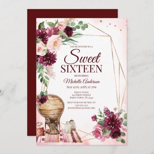 ブルガンディワインボーホウォーター色フローラSweet sixteen 招待状 (正面/裏面)