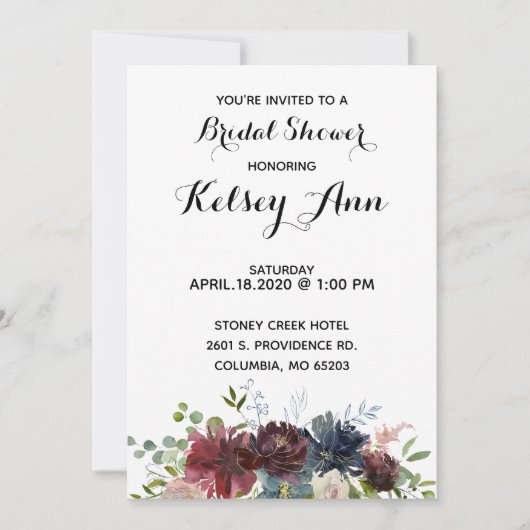 ブルガンディワイン&ブルーブーケブライダルシャワー招待状 招待状 (正面)