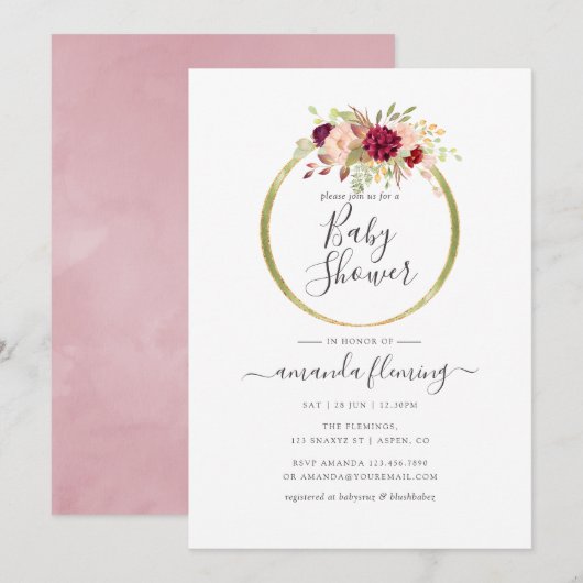 ブルガンディーとサーモンピンクのボヘミアン幾何学ベビーシャワー 招待状 (正面/裏面)