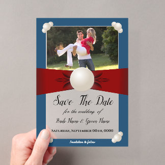 ブルガンディーとブルーパールのリボン写真付きSave The Date アクリル招待状