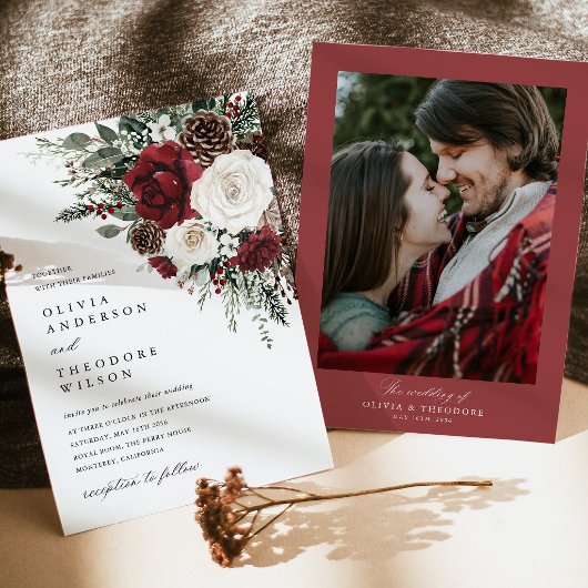 ブルガンディーの冬の花の写真の裏地の結婚式 招待状