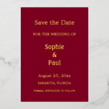 ブルガンディーの箔押しSave the Date 招待状