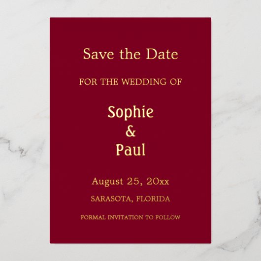 ブルガンディーの箔押しSave the Date 招待状 (正面)