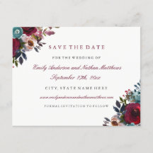 ブルガンディーの花の水彩画 ウェディング セイヴ・ザ・デート