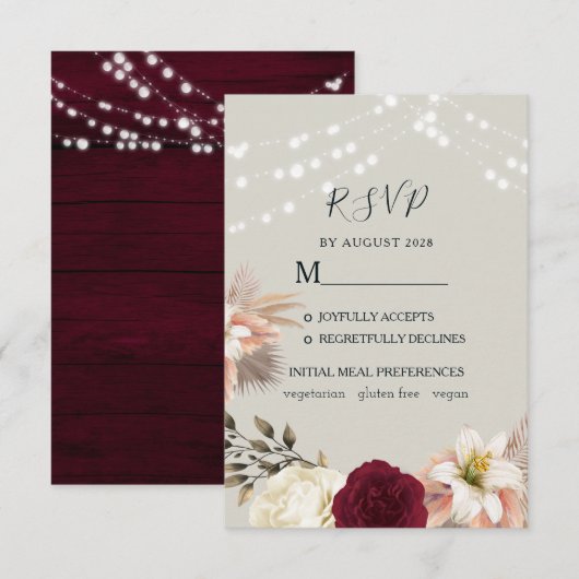 ブルガンディーの花を使った田舎風の結婚式RSVPカード 出欠カード (正面/裏面)