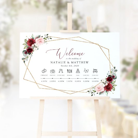 ブルガンディーの花、ピンクの花、結婚式のタイムライン ポスター