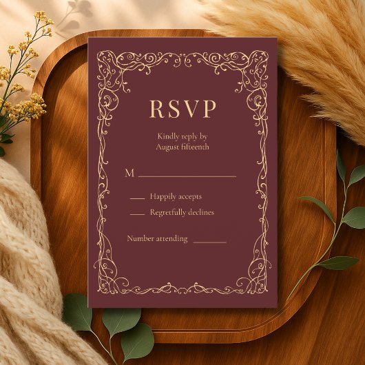 ブルガンディーゴールドミニマリスト結婚式RSVP 出欠カード