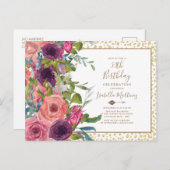 ブルガンディーピンクフローラ金ゴールドグリッター50誕生日 インビテーションポストカード (正面/裏面)