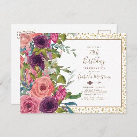 ブルガンディーピンクフローラ金ゴールドグリッター70誕生日 インビテーションポストカード (正面/裏面)