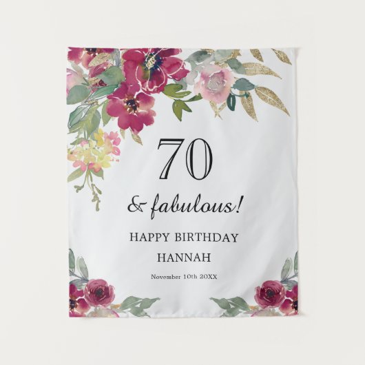 ブルガンディーピンクフローラ70誕生日 タペストリー (正面)