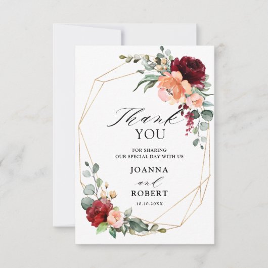 ブルガンディーピーチコーラルオレンジユーカリ結婚プス サンキューカード (正面)