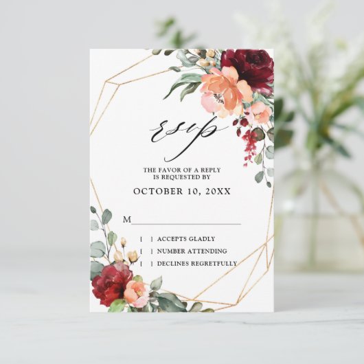 ブルガンディーピーチコーラルオレンジユーカリ結婚プス 出欠カード (スタンド正面)