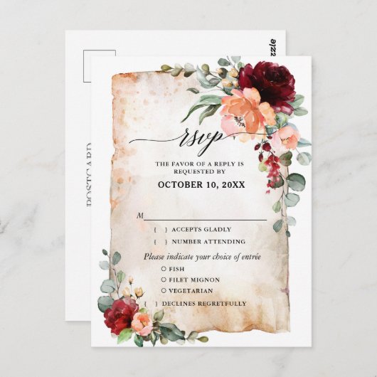 ブルガンディーピーチコーラルピンクローズユーカリプタスRSVP ポストカード (正面/裏面)