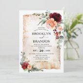 ブルガンディーピーチコーラルピンクローズユーカリ結婚ズス 招待状 (スタンド正面)