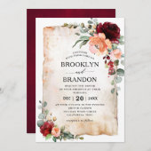 ブルガンディーピーチコーラルピンクローズユーカリ結婚ズス 招待状 (正面/裏面)