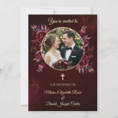 ブルガンディーフローラル カトリック結婚式 写真入り 招待状 (正面)