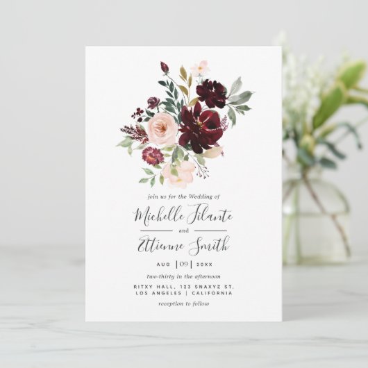 ブルガンディーベリー及び赤面フローラ結婚式招待状 招待状 (スタンド正面)