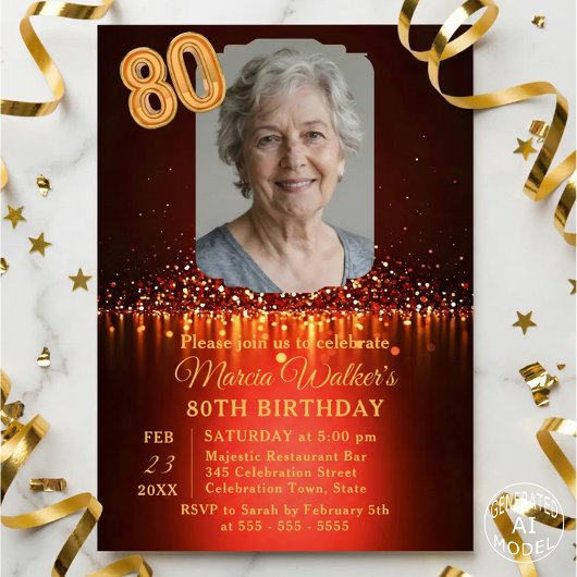 ブルガンディーレッドとゴールドのラメ 80歳の誕生日フォト 招待状