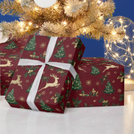 ブルガンディーレッドのクリスマス 、金のトナカイ ラッピングペーパー