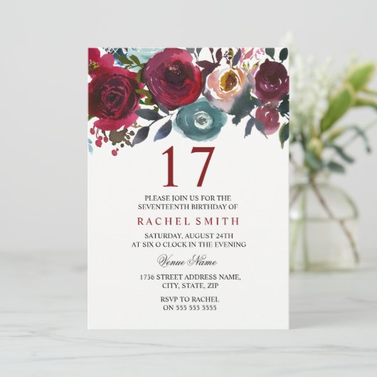 ブルガンディーレッドエレガントフローラ17番目の誕生日招待状 招待状 (スタンド正面)