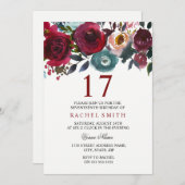 ブルガンディーレッドエレガントフローラ17番目の誕生日招待状 招待状 (正面/裏面)