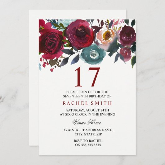 ブルガンディーレッドエレガントフローラ17番目の誕生日招待状 招待状 (正面/裏面)