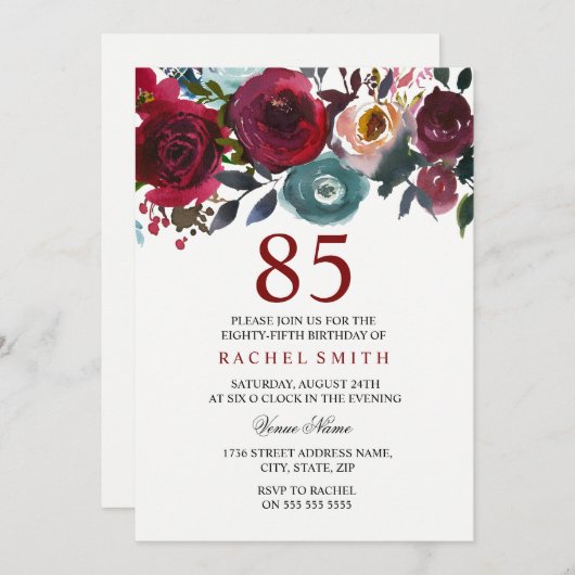 ブルガンディーレッドエレガントフローラ85th誕生日招待状 招待状 (正面/裏面)