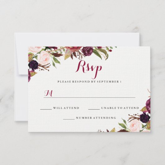 ブルガンディーレッドフラワー 秋の結婚式 RSVP (正面)