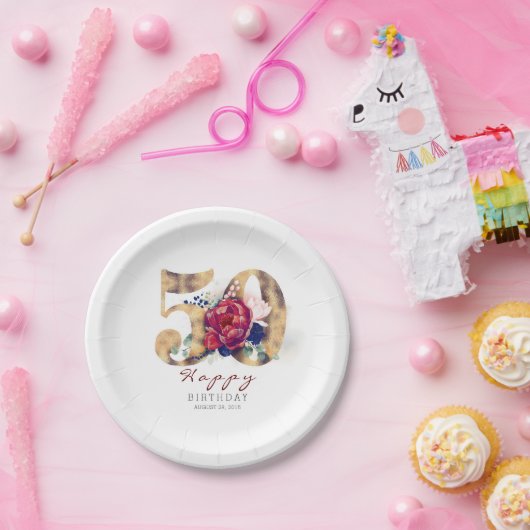 ブルガンディーレッドフローラタイポグラフィ50誕生日 ペーパープレート (パーティー)