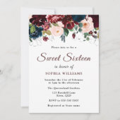 ブルガンディーレッド、ネイビー赤面フローラスウィート16パーティー 招待状 (正面)