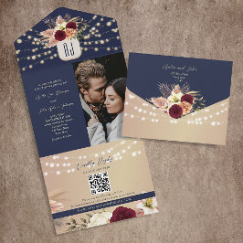 ブルガンディー+ネイビーブルーの田舎風フラワーモチーフの結婚式 オールインワン招待状