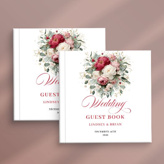 ブルガンディー+ピンクの花のボヘミアンな結婚式ゲストブック ゲストブック
