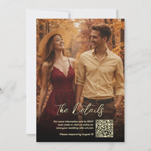 ブルガンディー・ボホ・ワイルドフラワーとフォトQRコードの結婚式 招待状 (裏面)