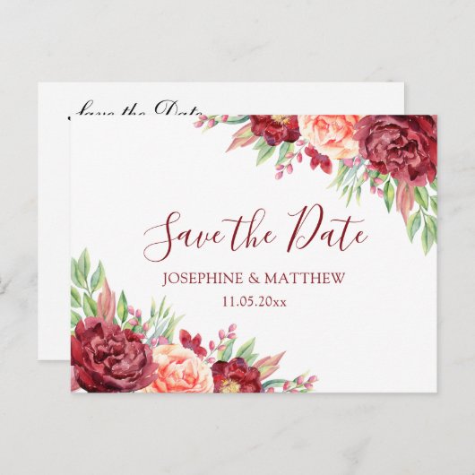 ブルガンディ桃バラフローラウェディングデートを保存 案内ポストカード (正面/裏面)